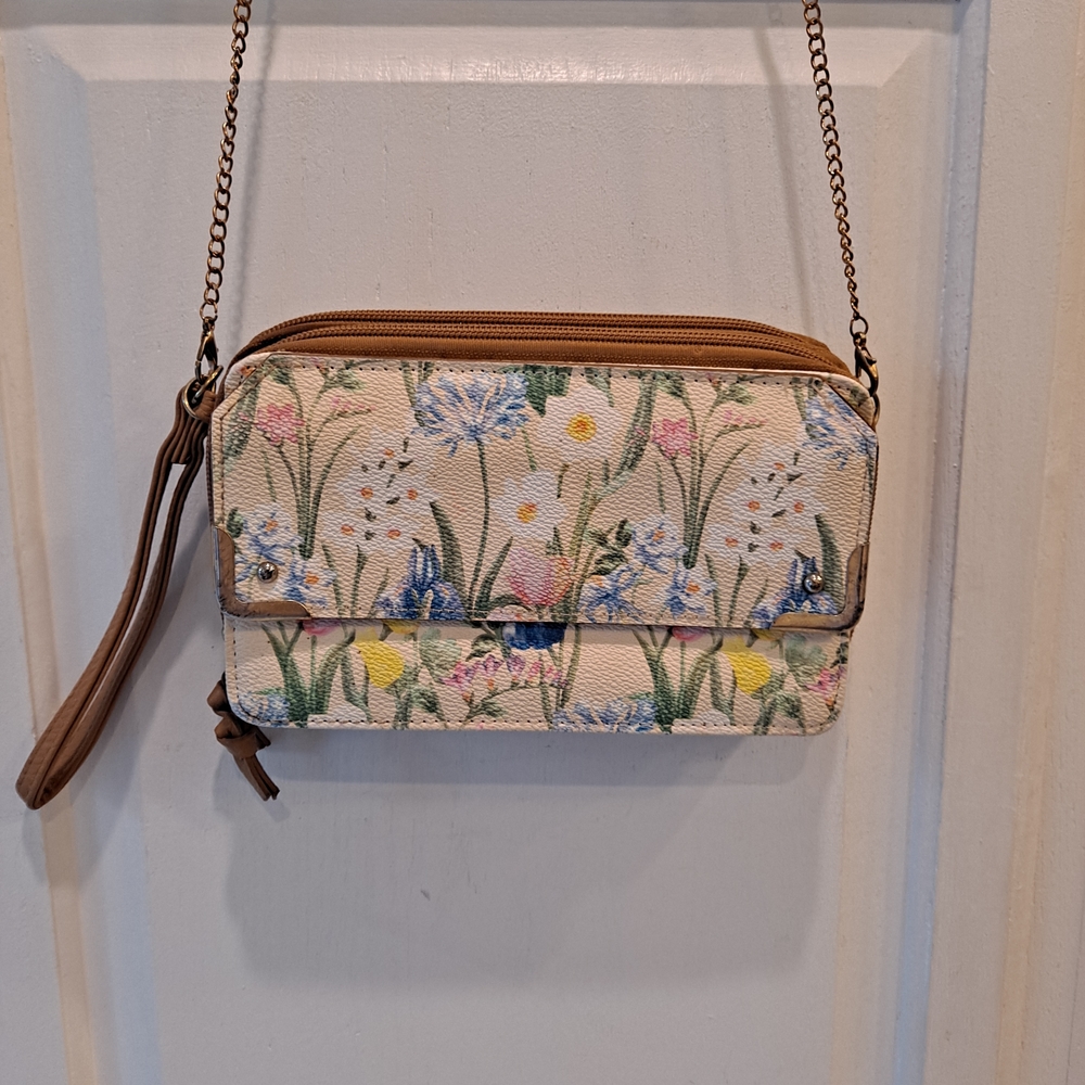 Bueno Floral Crossbody W/Tan Faux Leather Clutch Wristlet Phone Wallet Bag